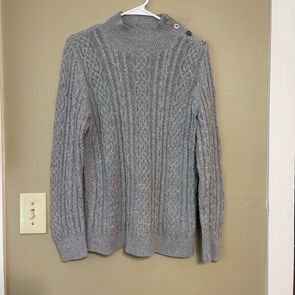 Talbots Sweaters - Talbots Gray Cotton Angora Rabbit Mock Neck Cable Knit Sweater Petite Large